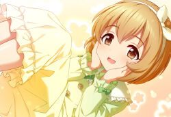 Rule 34 | 1girl, blush, bow, bow hairband, brown eyes, brown hair, commentary, dress, floral background, frilled dress, frilled sleeves, frills, fuu (koneko no yomeiri), gradient background, green bow, green dress, hairband, hands on own chin, idolmaster, idolmaster cinderella girls, koga koharu, legs up, lens flare, long sleeves, lying, open mouth, pink background, short hair, smile, solo, white hairband, yellow background