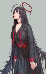 Rule 34 | 1girl, absurdres, antenna hair, black hair, black shirt, black skirt, black wings, blood, blood halo, blue archive, blunt bangs, breasts, choker, cleavage, commentary request, feet out of frame, fujii eishun, grey background, halo, highres, lace, lace choker, large breasts, liquid halo, long hair, long skirt, long sleeves, looking at viewer, low wings, neckerchief, parted lips, pleated skirt, red choker, red eyes, red halo, red neckerchief, sharp teeth, shirt, simple background, skirt, solo, standing, teeth, torn clothes, torn shirt, tsurugi (blue archive), undone neckerchief, very long hair, wings
