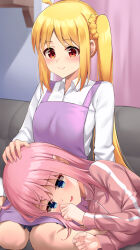 Rule 34 | 2girls, absurdres, ahoge, apron, blonde hair, blue eyes, bocchi the rock!, closed mouth, commentary request, gotoh hitori, hand on another&#039;s head, highres, ijichi nijika, indoors, jacket, lap pillow, long hair, long sleeves, lying, multiple girls, pink hair, pink jacket, pizza (pizzania company), purple apron, red eyes, shirt, side ponytail, sitting, smile, track jacket, white shirt, yuri