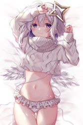 Rule 34 | 1girl, amane kanata, angel wings, arm up, bed sheet, blue hair, blush, closed mouth, colored inner hair, commentary request, cowboy shot, crop top, cropped sweater, feathered wings, frilled panties, frills, hair between eyes, halo, hand up, highres, hololive, long sleeves, looking at viewer, lying, medium hair, multicolored hair, navel, on back, panties, purple eyes, scarf, silver hair, smile, solo, sorashima (117), star halo, stomach, sweater, thigh gap, turtleneck, turtleneck sweater, underwear, virtual youtuber, white panties, white scarf, white wings, wings