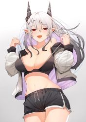 Rule 34 | 1girl, arknights, bikini, bikini pull, black bikini, black horns, black shorts, breasts, cleavage, clothes pull, collarbone, colored inner hair, commentary, cowboy shot, dolphin shorts, ear piercing, fang, gradient background, grey background, grey jacket, hair between eyes, hair ornament, hands up, highres, horns, jacket, large breasts, long hair, long sleeves, looking at viewer, mudrock (arknights), multicolored hair, navel, negister, off shoulder, open clothes, open jacket, open mouth, piercing, pointy ears, purple hair, purple jacket, red eyes, shorts, silver hair, skin fang, solo, stomach, swimsuit, two-sided fabric, two-sided jacket, white background