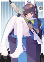 Rule 34 | 1girl, absurdres, ahoge, akovo, animal ears, black gloves, black hair, blue archive, blunt bangs, bolt action, clothes lift, commentary request, fake animal ears, footprints, gloves, gun, halo, headset, highres, holding, holding gun, holding weapon, in trash can, knees together feet apart, leaf, leaf on head, long hair, long sleeves, looking at viewer, miyu (blue archive), mosin-nagant, no shoes, pantyhose, pleated skirt, rabbit ears, recycle bin, red eyes, rifle, school uniform, serafuku, sidelocks, simple background, sitting, skirt, skirt lift, solo, spoken squiggle, squiggle, thought bubble, toes, torn clothes, torn pantyhose, trash bag, trash can, weapon, white pantyhose