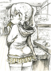 Rule 34 | 1girl, ass, blush, child, denny&#039;s, from behind, hade na kangofu, hair ornament, hairclip, hood, hoodie, looking at viewer, looking back, monochrome, original, ponytail, restaurant, sketch, skirt, solo, thighhighs, traditional media, zettai ryouiki