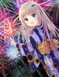 Rule 34 | 1girl, :d, aerial fireworks, bat hair ornament, blue eyes, blush, bow, commentary request, dutch angle, eyelashes, fang, fence, festival, fireworks, floral print, hair ornament, hand up, happy, highres, horizon, index finger raised, japanese clothes, kimono, light brown hair, little busters!, long hair, long sleeves, looking at viewer, looking back, maruma (maruma gic), night, night sky, nose blush, noumi kudryavka, obi, ocean, open mouth, outdoors, plaid, plaid bow, pointing, pointing up, print kimono, railing, reflection, sash, skin fang, sky, smile, solo, standing, striped clothes, striped kimono, sunflower print, vertical-striped clothes, vertical-striped kimono, very long hair, water, wide sleeves, yellow bow