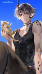Rule 34 | 1boy, animal, arknights, bare arms, black choker, black hair, black pants, black tank top, blue background, cat, choker, flamebringer (arknights), flamebringer (casual vacation) (arknights), hair between eyes, highres, holding, holding animal, horns, ikag, looking at viewer, male focus, material growth, official alternate costume, orange eyes, oripathy lesion (arknights), pants, short hair, simple background, smile, solo, tank top