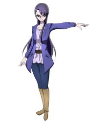 Rule 34 | 1girl, belt, belt buckle, black hair, blue jacket, blue pants, boots, brown belt, brown footwear, buckle, collarbone, floating hair, full body, glasses, hair ornament, hairclip, heartcatch precure!, jacket, knee boots, long hair, long sleeves, looking at viewer, open clothes, open jacket, outstretched arm, pants, precure, rimless eyewear, shirt, simple background, solo, standing, swept bangs, tsukikage oyama, tsukikage yuri, very long hair, white background, white shirt