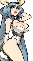 Rule 34 | 1girl, alternate costume, blue hair, breasts, cleavage, dizzy (guilty gear), guilty gear, hair rings, half updo, hand in own hair, highres, large breasts, legs, leotard, long hair, maniacpaint, no wings, red eyes, solo, tail, thighs, twintails, very long hair