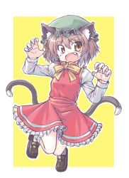 Rule 34 | 1girl, :d, animal ear fluff, animal ear piercing, animal ears, aokukou, border, bow, bowtie, breasts, brown eyes, brown hair, cat ears, cat tail, chen, claw pose, commentary request, earrings, fang, fingernails, frills, full body, hair between eyes, hands up, hat, jewelry, juliet sleeves, knees together feet apart, long sleeves, looking at viewer, mob cap, multiple tails, nekomata, open mouth, outline, petticoat, puffy sleeves, red skirt, red vest, short hair, simple background, single earring, skirt, skirt set, small breasts, smile, solo, tail, touhou, two tails, v-shaped eyebrows, vest, white border, white outline, yellow background, yellow bow, yellow bowtie