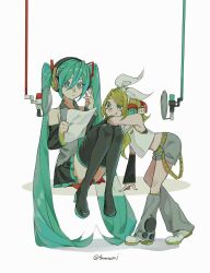 Rule 34 | 2girls, aqua eyes, aqua hair, aqua nails, bare shoulders, black footwear, black sleeves, boots, closed mouth, collared shirt, commentary, dee (tannsumi), detached sleeves, full body, grey shirt, hair between eyes, hair ornament, hair ribbon, hairclip, hatsune miku, headphones, highres, holding, holding paper, kagamine rin, long hair, microphone, midriff peek, multiple girls, nail polish, navel, neckerchief, paper, pop filter, ribbon, sailor collar, shirt, short hair, shorts, simple background, sitting, smile, standing, thigh boots, thighhighs, twintails, twitter username, very long hair, vocaloid, white footwear, white ribbon, white shirt, yellow neckerchief, zettai ryouiki