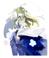 Rule 34 | 1girl, blue skirt, blush, bright pupils, chinese commentary, commentary, cowboy shot, detached sleeves, expressionless, floating hair, frog hair ornament, gohei, green eyes, green hair, hair ornament, hand up, highres, holding, holding gohei, kochiya sanae, long hair, looking at viewer, one-hour drawing challenge, parted lips, red pupils, satonishi, shirt, sidelocks, simple background, sketch, skirt, sleeveless, sleeveless shirt, snake hair ornament, solo, touhou, very long hair, white background, white shirt, white sleeves, wide sleeves