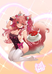 Rule 34 | 1girl, ;p, absurdres, animal ears, apron, bad id, bad pixiv id, blush, breasts, bsue, cake, cream on body, fate/extra, fate (series), food, fork, fox ears, fox tail, fruit, hair between eyes, hair ornament, heart, heart-shaped pupils, highres, large breasts, long hair, looking at viewer, mole, mole on breast, naked apron, one eye closed, pink eyes, pink hair, smile, solo, strawberry, symbol-shaped pupils, tail, tamamo (fate), tamamo no mae (fate/extra), thighhighs, tongue, tongue out, twintails, white thighhighs
