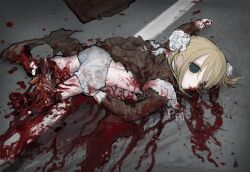 Rule 34 | 1girl, accident, blonde hair, blood, blood on clothes, blood on face, briefcase, broken leg, empty eyes, exposed bone, exposed muscle, expressionless, green eyes, guro, hair ornament, highres, lying, on stomach, original, panties, parted lips, pool of blood, ppj705904378810, road, school briefcase, school uniform, short hair, solo, street, torn clothes, underwear, white panties