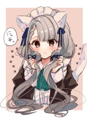 Rule 34 | 1girl, alternate costume, animal ear fluff, animal ears, black dress, blush, braid, braided bangs, brown background, brown eyes, cat ears, cat girl, cat tail, closed mouth, commentary request, cropped torso, dress, enmaided, grey hair, hair over shoulder, hands up, highres, hisakawa nagi, idolmaster, idolmaster cinderella girls, idolmaster cinderella girls starlight stage, juliet sleeves, kemonomimi mode, long hair, long sleeves, looking at viewer, low twintails, maid, maid headdress, puffy sleeves, rino cnc, solo, tail, tail raised, translation request, twintails, two-tone background, upper body, very long hair, wavy mouth, white background