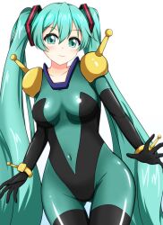 1girl aqua_hair blue_eyes bodysuit closed_mouth covered_navel green_bodysuit hatsune_miku higetsu0815 long_hair looking_at_viewer mecha_pilot_suit mobile_trace_suit rain_mikamura_(cosplay) smile standing twintails white_background