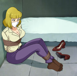 Rule 34 | absurdres, arms behind back, bdsm, blonde hair, bondage, bound, bound ankles, bound arms, breasts, brown eyes, cleavage, cloth gag, gag, gagged, highres, improvised gag, large breasts, lost one zero, lupin iii, mine fujiko, mole, over the nose gag