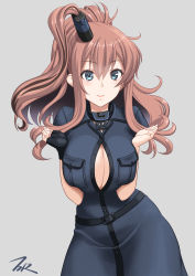 Rule 34 | 1girl, artist name, black dress, black gloves, breast pocket, breasts, brown hair, cowboy shot, dress, fingerless gloves, gloves, grey background, grey eyes, hair between eyes, highres, impossible clothes, kantai collection, large breasts, open clothes, open dress, pocket, ponytail, saratoga (kancolle), side ponytail, sidelocks, simple background, single glove, smokestack hair ornament, solo, t2r