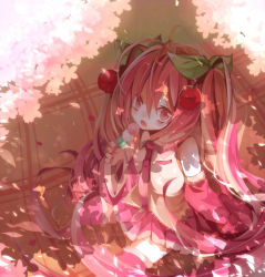 Rule 34 | 1girl, aka tonbo (lililil), cherry, cherry blossoms, detached sleeves, food, fruit, hatsune miku, long hair, looking at viewer, necktie, open mouth, pink eyes, pink hair, sakura miku, sitting, skirt, solo, thighhighs, very long hair, vocaloid