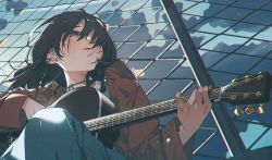 Rule 34 | 1girl, acoustic guitar, black hair, blue eyes, chromatic aberration, cloud, denim, ear piercing, fence, guitar, highres, holding, holding instrument, instrument, jacket, jeans, long hair, long sleeves, looking to the side, music, open mouth, original, pants, piercing, playing instrument, red jacket, shiomi (lowrise), sitting, sky, solo