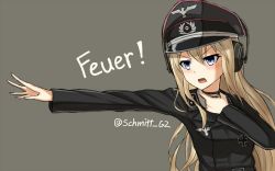 Rule 34 | 10s, 1girl, alternate costume, bismarck (kancolle), blonde hair, blue eyes, cross, german text, hat, headphones, image sample, iron cross, kantai collection, md5 mismatch, military, military hat, military uniform, open mouth, outstretched arm, peaked cap, resized, resolution mismatch, simple background, solo, source larger, text focus, translated, twitter username, uniform, upper body, world war ii, yakob labo