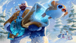 Rule 34 | 1boy, absurdres, aiming, beard, candy, candy cane, creature, day, energy gun, facial hair, feet out of frame, food, foreshortening, full beard, graves (league of legends), gun, highres, holding, holding gun, holding weapon, league of legends, male focus, mature male, official art, short hair, snow, spread legs, standing, thick beard, thick eyebrows, weapon, wild blue studios