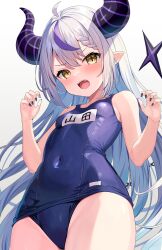 Rule 34 | 1girl, adju ster, ahoge, bare arms, bare shoulders, black nails, blue one-piece swimsuit, blush, braid, braided bangs, breasts, commentary request, covered navel, demon girl, demon horns, fingernails, from below, grey hair, hands up, highres, hololive, horns, la+ darknesss, long fingernails, long hair, looking at viewer, multicolored hair, nail polish, name tag, old school swimsuit, one-piece swimsuit, open mouth, pointy ears, purple hair, purple horns, school swimsuit, simple background, slit pupils, small breasts, solo, streaked hair, striped horns, swimsuit, tail, taut clothes, taut swimsuit, teeth, upper teeth only, v-shaped eyebrows, very long hair, virtual youtuber, white background, yellow eyes