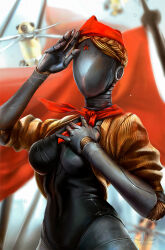 Rule 34 | 1girl, android, atomic heart, blonde hair, braid, breasts, clothed robot, cropped jacket, crown braid, faceless, faceless female, gold jacket, highres, humanoid robot, jacket, large breasts, metal skin, midva (midva art), neckerchief, open clothes, open jacket, pioneer movement, pioneer neckerchief, red flag, red neckerchief, red star, right (atomic heart), robot, robot girl, siblings, soviet, star (symbol), yellow jacket