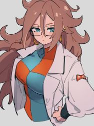 Rule 34 | 1girl, android 21, blue eyes, breasts, brown hair, checkered clothes, checkered dress, closed mouth, dragon ball, dragon ball fighterz, dress, earrings, grey background, hair between eyes, hoop earrings, jewelry, kemachiku, lab coat, large breasts, long hair, long sleeves, red ribbon army, solo, upper body