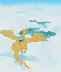 Rule 34 | 1boy, above clouds, backpack, bag, baseball cap, bird, blue pants, brown hair, charizard, cloud, creatures (company), fire, flame-tipped tail, flying, game freak, gen 1 pokemon, hat, highres, jacket, male focus, nintendo, pants, pokemon, pokemon (creature), pokemon frlg, red (pokemon), red headwear, riding, riding pokemon, short hair, short sleeves, torinoko (miiko draw), yellow bag
