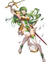 Rule 34 | 1girl, armor, armpits, boots, breasts, broken, broken armor, broken sword, broken weapon, capelet, dress, elbow gloves, female focus, fire emblem, fire emblem: mystery of the emblem, fire emblem echoes: shadows of valentia, fire emblem heroes, full body, gloves, green eyes, green hair, highres, holding, holding sword, holding weapon, long hair, matching hair/eyes, medium breasts, nintendo, official art, open mouth, palla (fire emblem), pelvic curtain, sheath, short dress, shoulder armor, sleeveless, solo, sword, teffish, thigh boots, thighhighs, thighs, torn boots, torn clothes, transparent background, weapon, white footwear, white gloves
