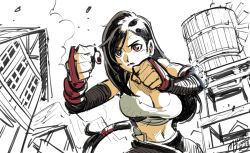 Rule 34 | bare shoulders, black gloves, black hair, black skirt, breasts, brown eyes, building, cleavage, clenched hand, crop top, elbow gloves, elbow pads, fighting stance, final fantasy, final fantasy vii, furrowed brow, gloves, hair tie, long hair, low-tied long hair, medium breasts, michel dinel, navel, outdoors, shirt, signature, sketch, skirt, sleeveless, sleeveless shirt, suspenders, swept bangs, tifa lockhart, upper body, water tower, white shirt