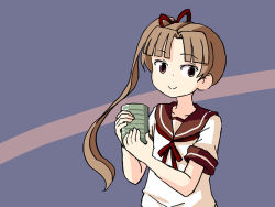 Rule 34 | 1girl, ayanami (kancolle), brown eyes, brown hair, brown sailor collar, commentary, cup, english commentary, kantai collection, long hair, looking at viewer, one-hour drawing challenge, purple background, sailor collar, school uniform, serafuku, side ponytail, sixten, smile, solo, two-tone background, upper body, yunomi