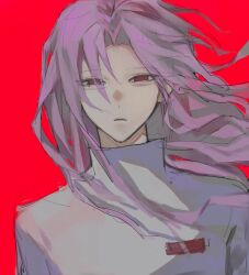 Rule 34 | 1boy, 3s 3s, closed mouth, eyes visible through hair, floating hair, hatsutori hajime, light frown, long hair, looking at viewer, male focus, parted bangs, pink hair, red background, red eyes, saibou shinkyoku, shirt, simple background, sketch, solo, white shirt