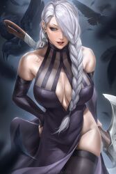 Rule 34 | 1girl, animal, ass, axe, bird, black dress, black feathers, covered erect nipples, crow, dress, feathers, fingernails, grey eyes, grey hair, hair over one eye, half-closed eyes, highres, holding, holding axe, holding weapon, jujutsu kaisen, long hair, mei mei (jujutsu kaisen), nail polish, original, over shoulder, parted lips, pink nails, puffy sleeves, smile, turtleneck, weapon, weapon over shoulder