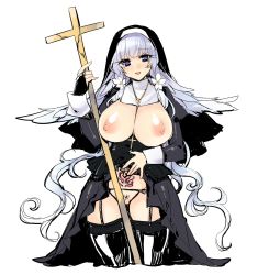 Rule 34 | 1girl, black dress, black thighhighs, breasts, breasts out, character request, commentary request, cross, dress, female pubic hair, flower, habit, hair flower, hair ornament, holding, holding cross, huge breasts, jewelry, kinosaki reisui, light purple hair, long hair, necklace, nipples, pubic hair, purple eyes, simple background, solo, tattoo, thighhighs, very long hair, white background