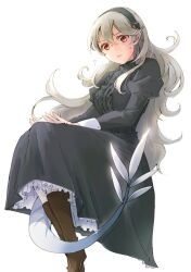 Rule 34 | 1girl, alternate costume, black dress, black hairband, blush, boots, brown footwear, center frills, closed mouth, commentary request, corrin (female) (fire emblem), corrin (fire emblem), dragon girl, dragon tail, dress, fire emblem, fire emblem fates, frills, grey hair, hair between eyes, hairband, juliet sleeves, long hair, long sleeves, looking at viewer, nintendo, pointy ears, puffy sleeves, red eyes, robaco, simple background, solo, sweatdrop, tail, wavy hair, white background