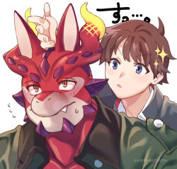 Rule 34 | 2boys, animal ears, blue eyes, blush, brown hair, collared shirt, colored skin, commentary request, cthugha (housamo), fang, finger gun, flying sweatdrops, furry, furry male, gakuran, hand on another&#039;s head, highres, jacket, male focus, protagonist 4 (housamo), multiple boys, muscular, muscular male, nakanakana, open clothes, open jacket, orange eyes, red skin, school uniform, shirt, short hair, snout, sparkle, sweatdrop, tentacle hair, tokyo houkago summoners, twitter username, upper body, white background