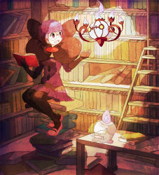 Rule 34 | 10s, 1girl, bad id, bad pixiv id, blunt bangs, bob cut, book, book stack, bookshelf, chandelure, creatures (company), dress, elbow gloves, elite four, fire, game freak, gen 5 pokemon, glasses, gloves, highres, ladder, library, litwick, mary janes, motto (night wear), nintendo, open mouth, pantyhose, pen, pink fire, pokemon, pokemon (creature), pokemon bw, purple eyes, purple hair, purple skirt, red footwear, room, shauntal (pokemon), shoes, short hair, sitting, skirt, smile
