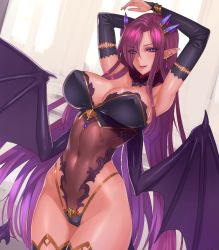 Rule 34 | 1girl, armpits, arms up, black gloves, black thighhighs, bracelet, breasts, bridal gauntlets, choker, cleavage, covered navel, damegane, demon girl, demon tail, demon wings, dutch angle, earrings, elbow gloves, eyes visible through hair, fingerless gloves, gloves, hair ornament, hair over one eye, highres, jewelry, large breasts, leotard, long hair, original, parted lips, pointy ears, purple eyes, purple hair, see-through, smile, smirk, solo, tail, thighhighs, very long hair, wings