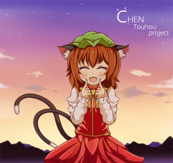 Rule 34 | 1girl, animal ears, blush, brown hair, cat ears, cat tail, character name, chen, cloud, copyright name, cowboy shot, earrings, closed eyes, facing viewer, fangs, fingers to cheeks, glance1109, hat, high collar, jewelry, long sleeves, mob cap, mountain, multiple tails, open mouth, outdoors, short hair, single earring, skirt, skirt set, solo, star (sky), tail, touhou, twilight