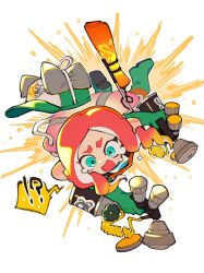 Rule 34 | !?, 1girl, blonde hair, blue eyes, commentary request, dual wielding, gradient hair, grizzco dualies (splatoon), highres, holding, holding weapon, inari1369, multicolored hair, nintendo, octoling girl, octoling player character, open mouth, red hair, salmon run (splatoon), solo, speech bubble, splatoon (series), splatoon 3, spoken interrobang, tentacle hair, weapon, white background
