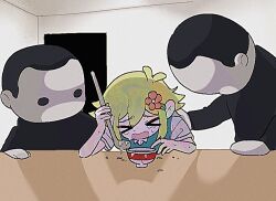 Rule 34 | &gt; &lt;, 1boy, 2others, basil (faraway) (omori), basil (omori), blank room soup, blonde hair, bowl, collared shirt, commentary, crying, eating, flower, food, green vest, hair flower, hair ornament, hand on another&#039;s back, holding, holding spoon, indoors, ladle, matouchi (matouti118), meme, multiple others, omori, open mouth, shirt, short sleeves, soup, spoon, table, upper body, vest, white shirt