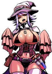 Rule 34 | 1girl, absurdres, belt, bikini, black bikini, breasts, breasts out, cleavage, corset, ga320aaa, gluteal fold, hat, highres, jacket, large breasts, long hair, looking at viewer, mole, mole under eye, navel, open mouth, original, potion, pouch, puffy sleeves, purple hair, red eyes, simple background, sleeves past wrists, slit pupils, solo, swimsuit, teeth, thighhighs, turtleneck, white background, white thighhighs, witch, witch hat, zipper