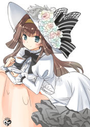 Rule 34 | 10s, 1girl, alternate costume, blue eyes, brown hair, chize, cup, dress, flower, hairband, hat, hat flower, hat ribbon, kantai collection, kongou (kancolle), leaning on object, long hair, long sleeves, looking at viewer, ribbon, saucer, smile, solo, tea, teacup, victorian, watermark