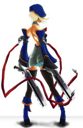 Rule 34 | 1girl, absurdres, arc system works, ass, back, backless outfit, bare back, beret, blazblue, blonde hair, blue footwear, boots, detached sleeves, from behind, gloves, gun, handgun, hat, highres, ken inamori, noel vermillion, panties, short hair, solo, striped clothes, striped panties, thighhighs, underwear, weapon, zettai ryouiki