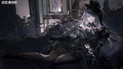 Rule 34 | artist request, black gloves, black hair, chair, collar, dark, dress, european architecture, frown, gloves, goth fashion, grey eyes, hat, highres, leaning to the side, long hair, looking at viewer, lying, mole, official art, pale skin, pantyhose, punishing: gray raven, qu (punishing: gray raven)