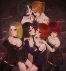 Rule 34 | 6+girls, artist request, bare legs, bare shoulders, black dress, black gloves, black hair, blonde hair, blue eyes, blush, breasts, brown hair, choker, cleavage, collarbone, demon&#039;s souls, detached collar, dress, elbow gloves, female focus, fingerless gloves, from software, girl sandwich, gloves, highres, hug, imminent kiss, jewelry, legs, lips, lipstick, looking at another, looking at viewer, makeup, multiple girls, neck, necklace, one eye closed, purple dress, purple gloves, red eyes, red hair, red lips, sandwiched, short hair, skull, smile, standing, strapless, strapless dress, wince, wink, yuri