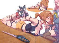 Rule 34 | 2girls, asphyxiation, ball gag, bdsm, blue footwear, bondage, bound, breasts, cable tie, commission, full body, gag, girls&#039; frontline, grizzly mkv (girls&#039; frontline), grizzly mkv (weekend cop) (girls&#039; frontline), hair ornament, hair scrunchie, highres, leveen, medium breasts, multiple girls, official alternate costume, peril, purple eyes, restrained, scissors, scrunchie, second-party source, short hair, short ponytail, short shorts, shorts, sig mcx (girls&#039; frontline), skindentation, tank top, thigh strap, v-shaped eyebrows, yellow shorts