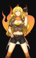 Rule 34 | 1girl, ahoge, belt, bike shorts, black gloves, black shorts, blonde hair, breasts, brown top, cleavage, clenched hand, female focus, fingerless gloves, gauntlets, gloves, hand on own hip, highres, kuro mochi, large breasts, long hair, looking at viewer, midriff, navel, neckerchief, orange neckerchief, rwby, scarf, shorts, smile, solo, thighhighs, waist cape, weapon, yang xiao long