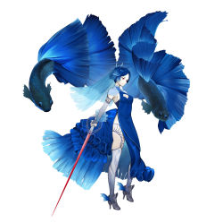 Rule 34 | 1girl, animal, ankle fins, arms at sides, blue capelet, blue dress, blue hair, blue theme, breasts, bridal gauntlets, capelet, cleavage, cleavage cutout, clothing cutout, contrapposto, detached sleeves, dress, fins, fish, from side, full body, glasses, goldfish, gradient legwear, grey thighhighs, hair flaps, hair ornament, halter dress, halterneck, high heels, highres, holding, holding sword, holding weapon, looking away, looking down, original, oversized animal, rapier, red eyes, see-through, short hair, side slit, sideboob, simple background, solo, standing, stiletto heels, sword, thighhighs, thighlet, veil, weapon, white background, yuya (yuya illust)
