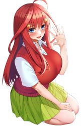 Rule 34 | 1girl, ahoge, blush, breasts, commentary request, go-toubun no hanayome, green skirt, hair ornament, hand up, highres, huge breasts, long hair, looking at viewer, nakano itsuki, open mouth, red hair, school uniform, shirt, short sleeves, simple background, sitting, skirt, smile, solo, star (symbol), star hair ornament, takoneru, teeth, thighs, upper teeth only, wariza, white background, white shirt